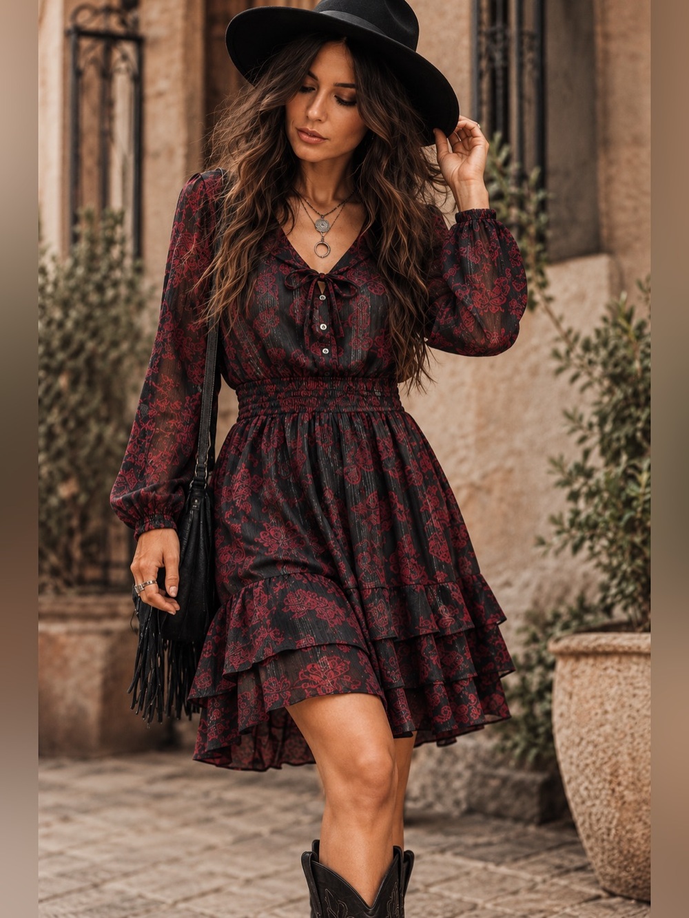 Frye & Co Floral Lurex Smocked Waist Tiered Dress Black Red NWT Small